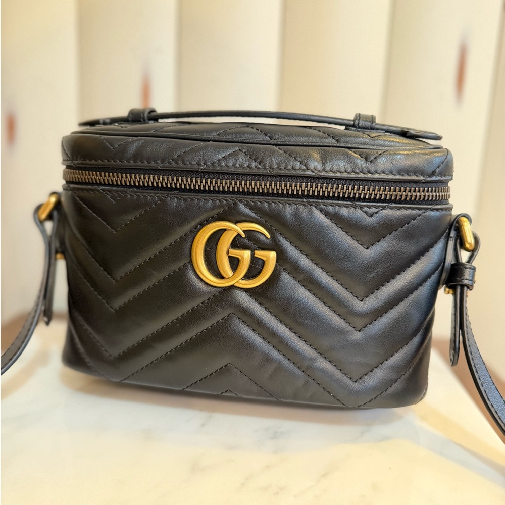 Gucci Matelasse Mini Black GG Marmont Top Handle with Adjustable Strap